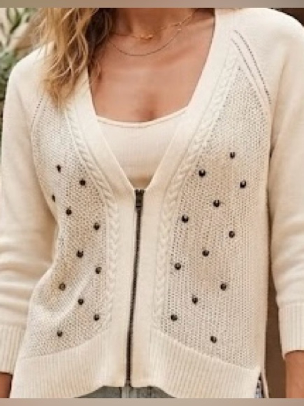 American eagle 100%Cotton Zip-Front Studded Knit CardiganM